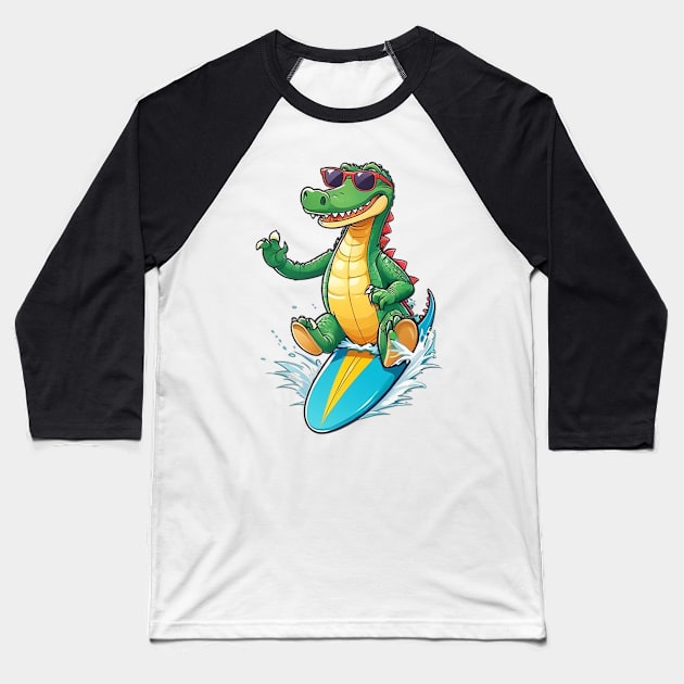 Surfing Croc Baseball T-Shirt by likbatonboot